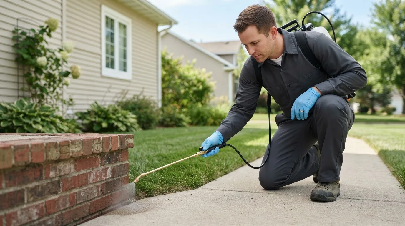 Pest control technician treating a home near Leadwood, MO